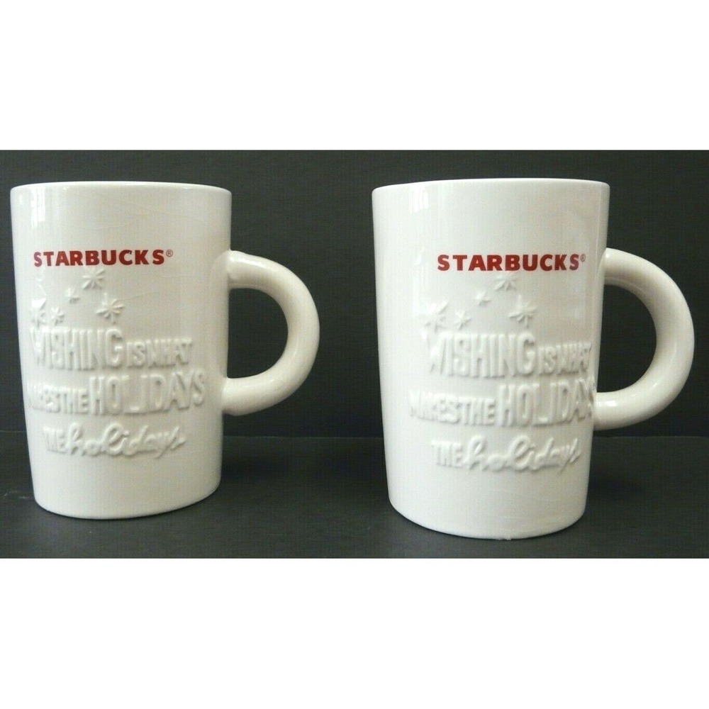 Set of 2 Starbucks Coffee Mugs 2010 Christmas Wish Holiday White Red Cups 10 oz